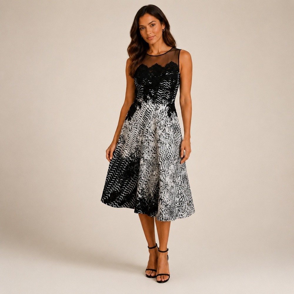 Teri Jon‎ Black White Abstract Fit and Flare Lace Formal Cocktail Party Dress 8